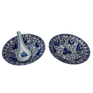 Blue & White Porcelain Bowl Set With Matching Spoon Chinese Dragon Design Decora